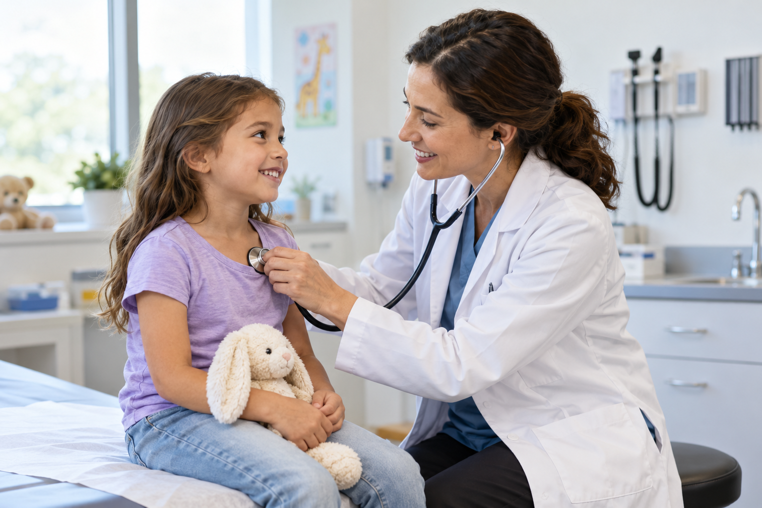 Pediatric doctor examines child with stethoscope