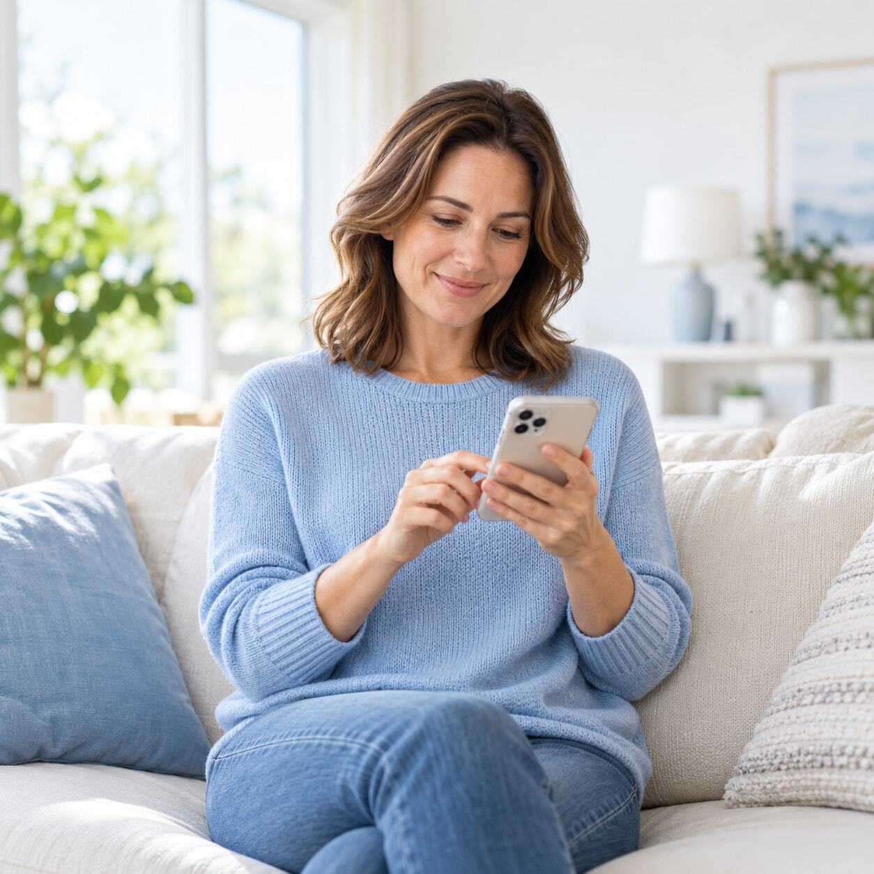 Woman messaging on a smartphone at home