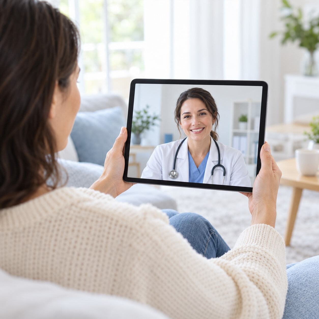 Patient having a video appointment with a doctor on a tablet